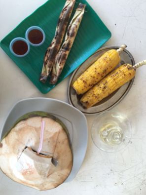 Lemantak udang and Grilled corn with Coconut water